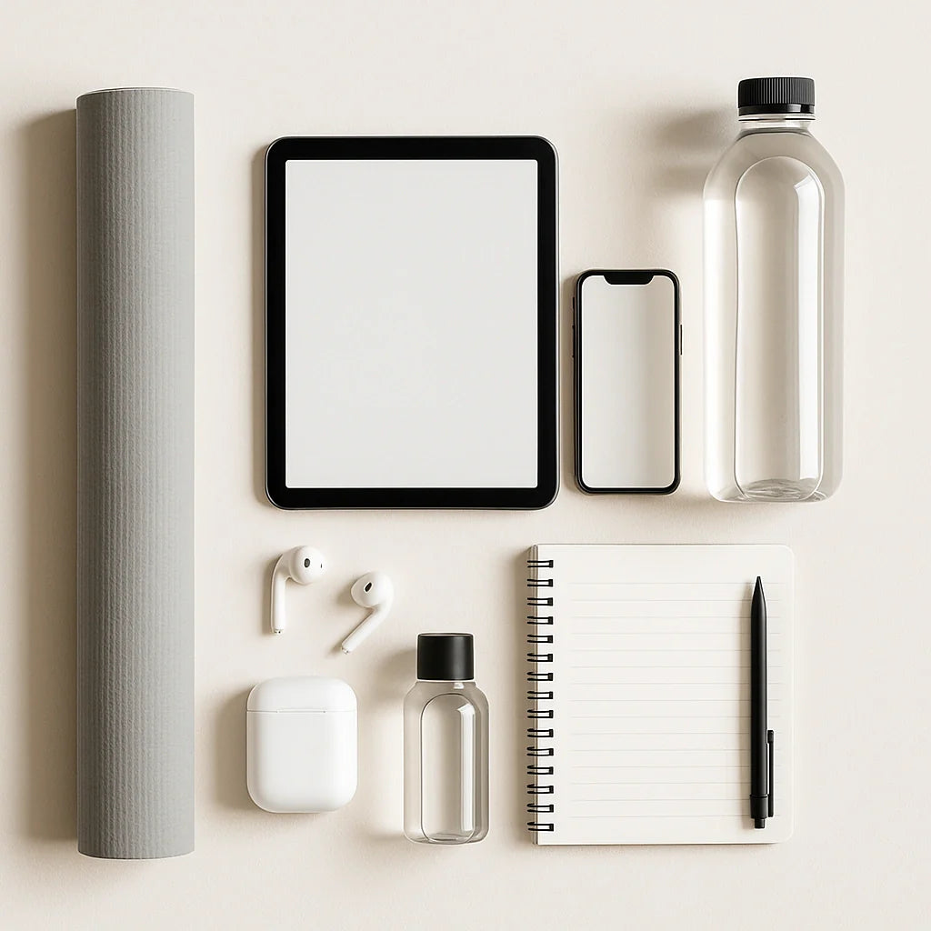 Tablet and phone with yoga mat, earbuds, bottle, and notebook on a white surface.