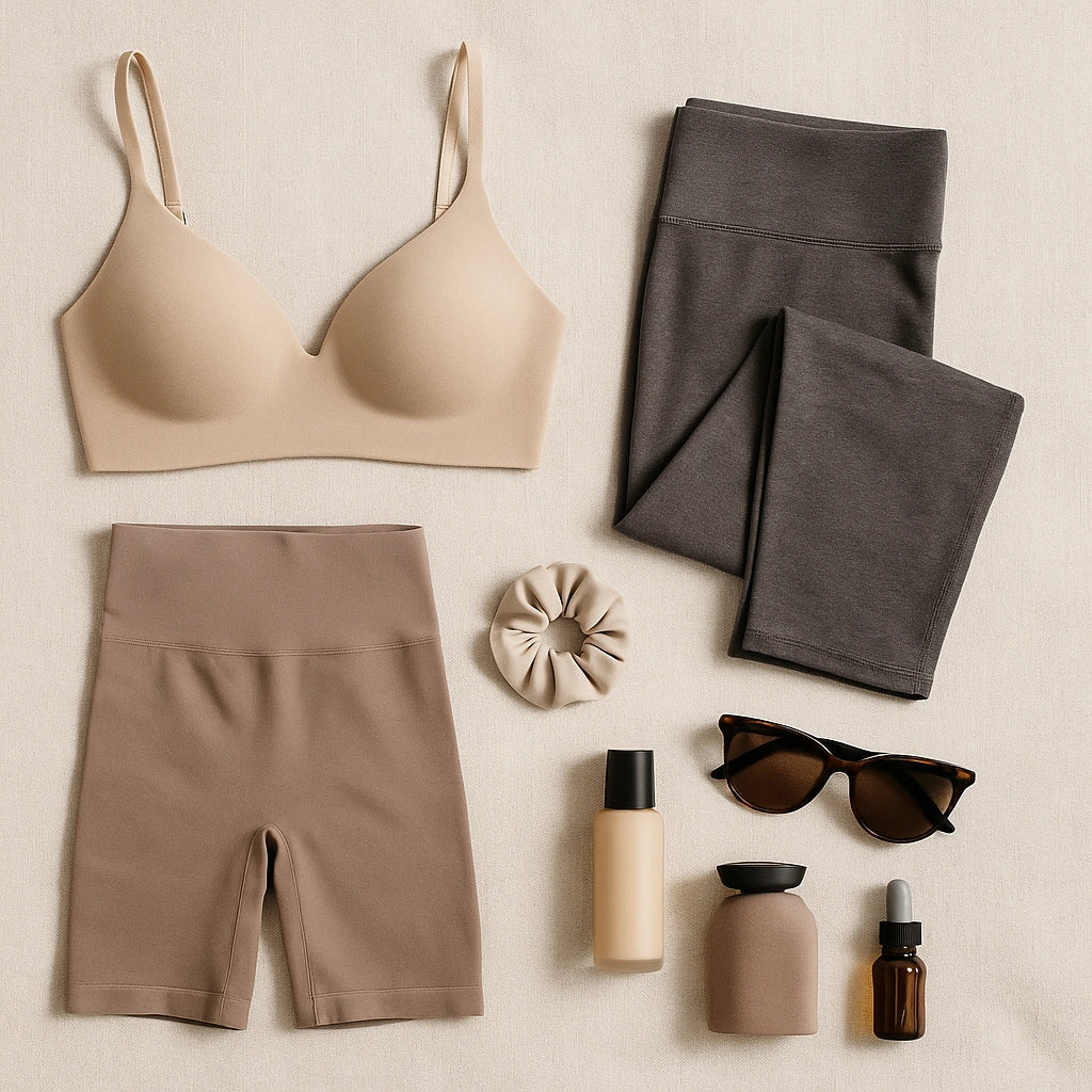 Folded seamless bra, shapewear shorts, leggings, sunglasses, and scrunchie.