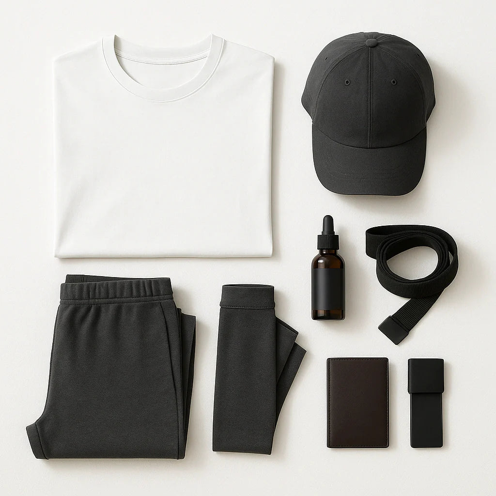 Men’s tee, joggers, cap, belt, and slim wallet arranged on white.