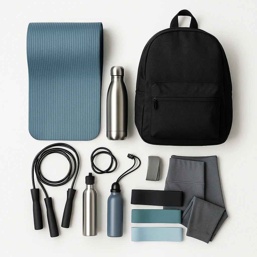 Yoga mat, bands, jump rope, water bottle, and small backpack on white.