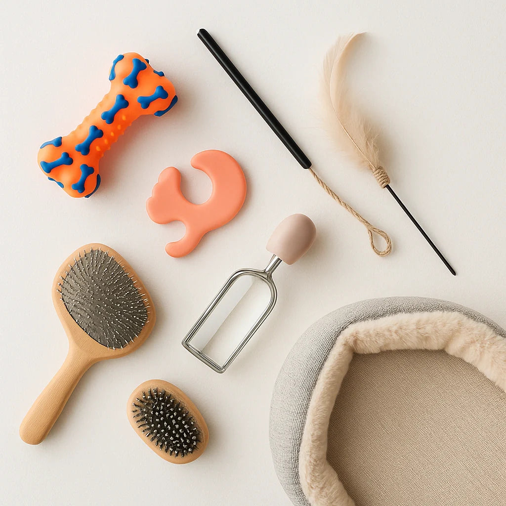 Dog toy, cat wand, grooming brush, and a small pet bed corner on white.