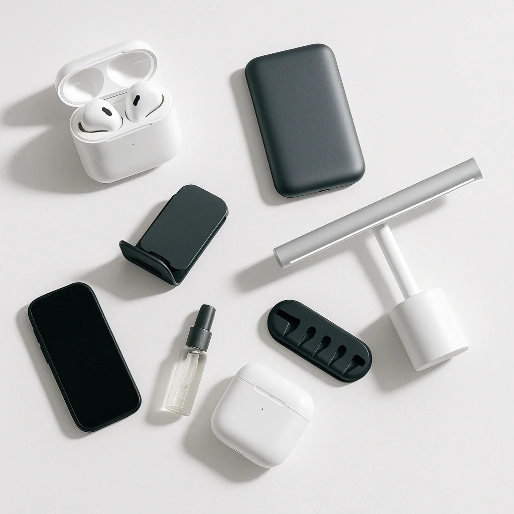 Earbuds case, power bank, phone stand, LED light bar, and cable organizer.