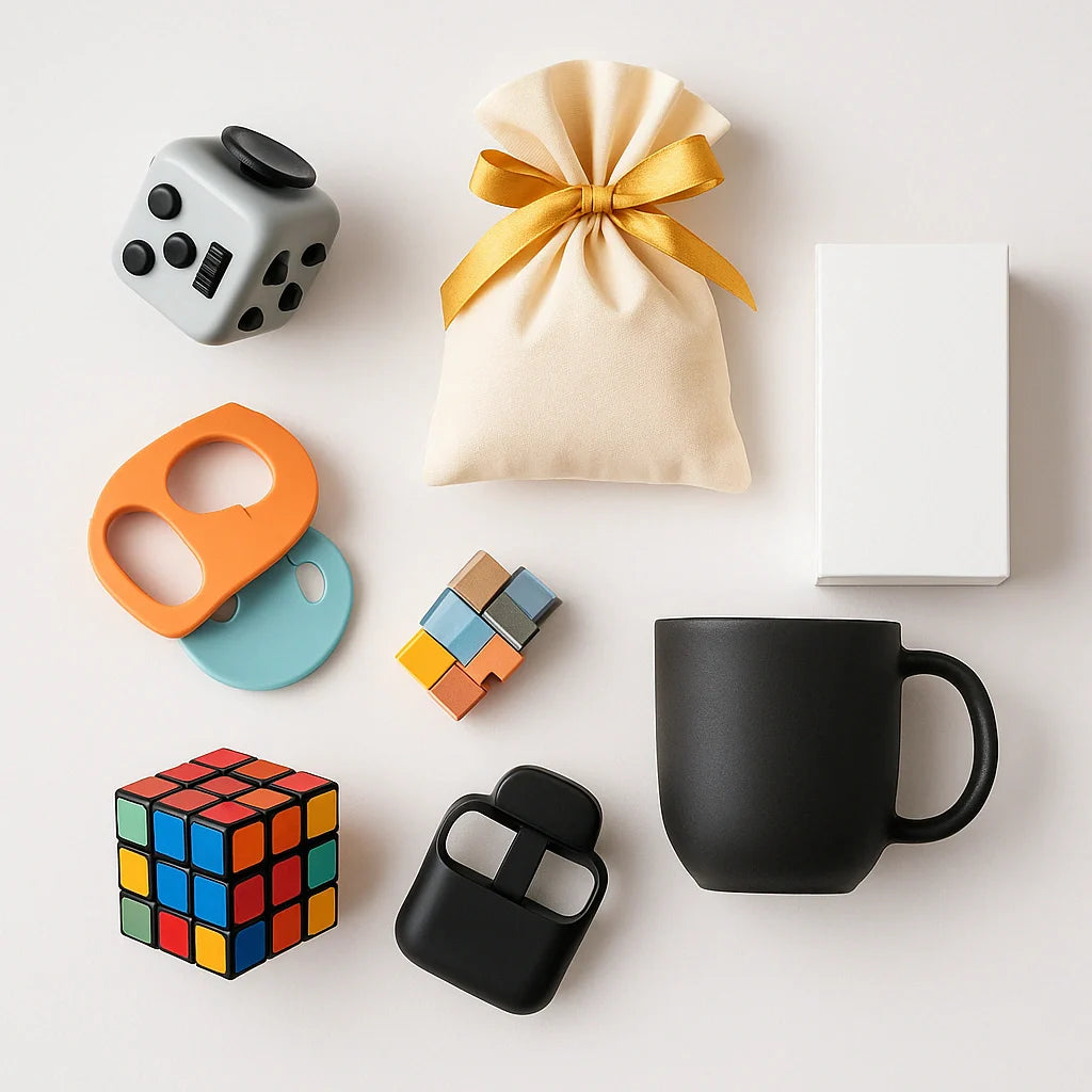 Fidget toy, mini puzzle, blank card game, mug shape, and gift pouch.