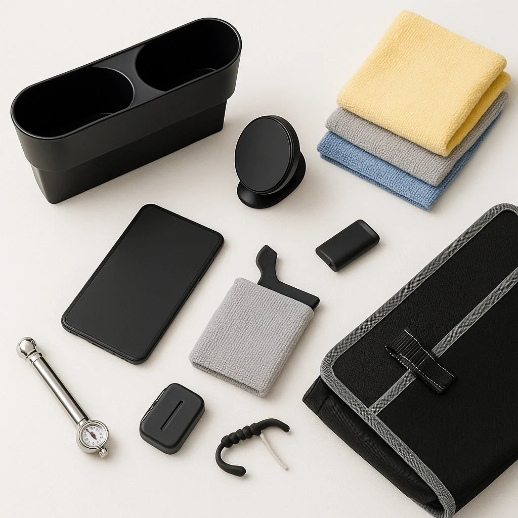 Car organizer, phone mount, microfiber cloths, tire gauge, trunk organizer.