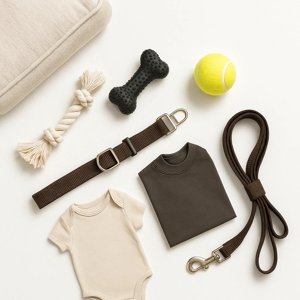Dog bed corner, rope toy, rubber chew, ball, and adjustable collar with leash on a white background.