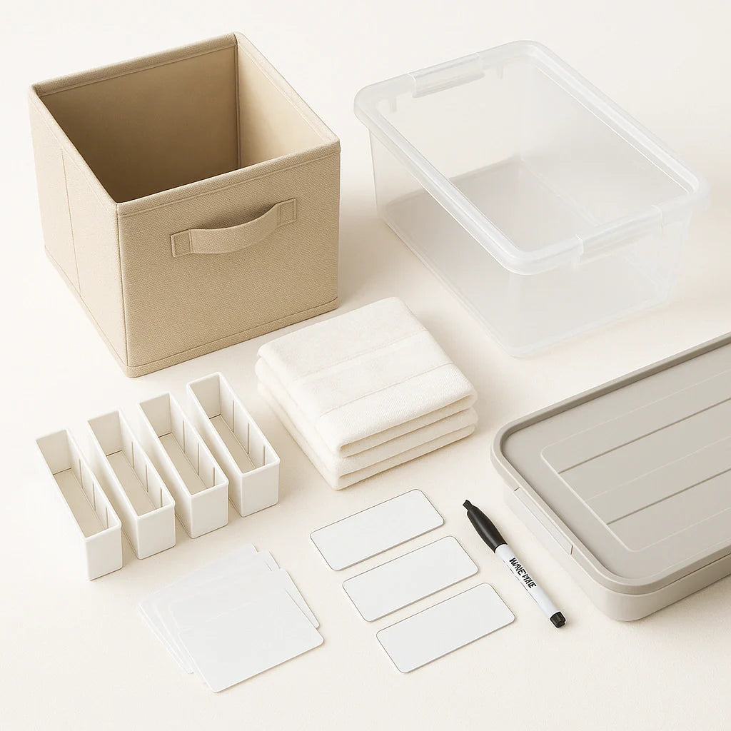 Fabric cube, clear storage bin, drawer dividers, and an under-bed container with labels.