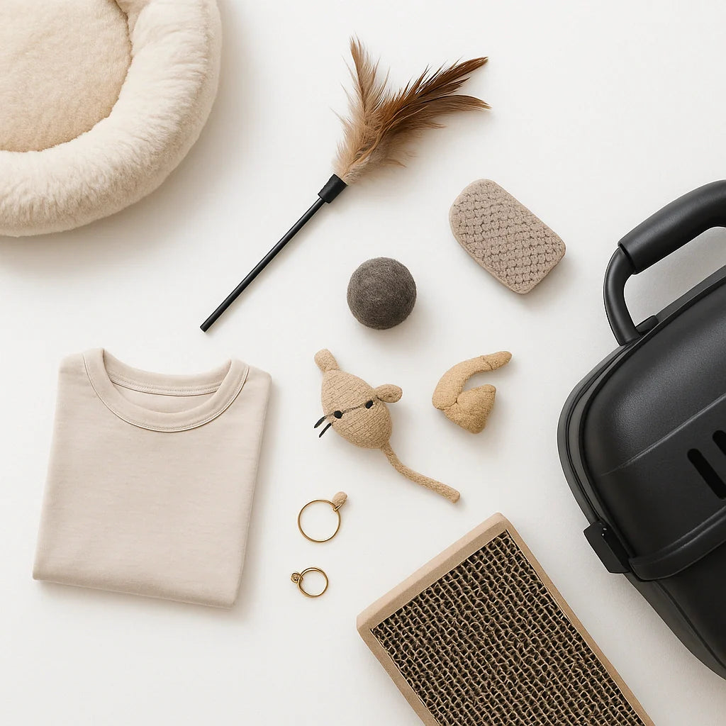 Feather wand, felt ball, catnip toy, scratcher corner, plush bed rim, and carrier handle arranged on white.