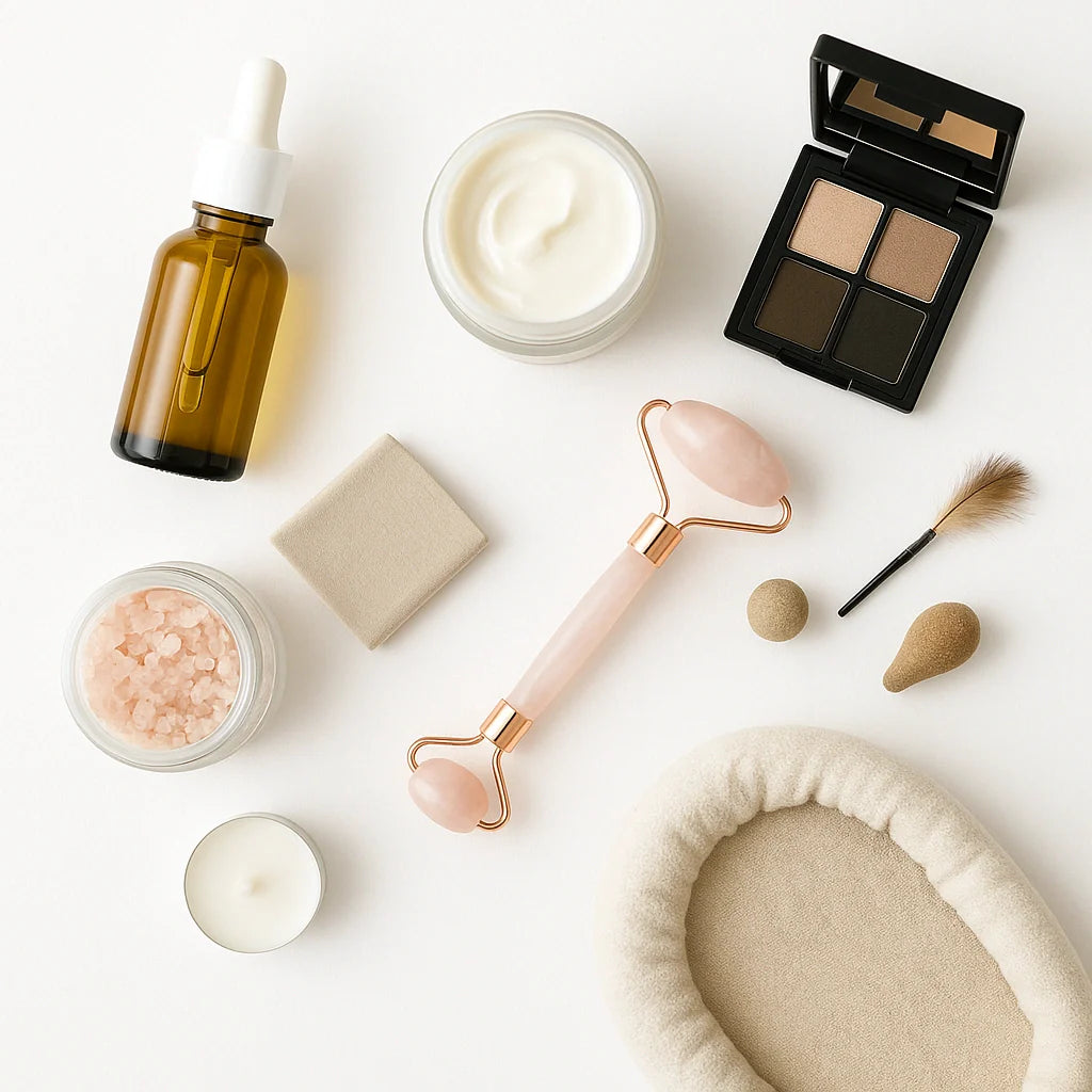 Flat-lay of serum, moisturizer, makeup, facial roller, and bath salts on a white background.