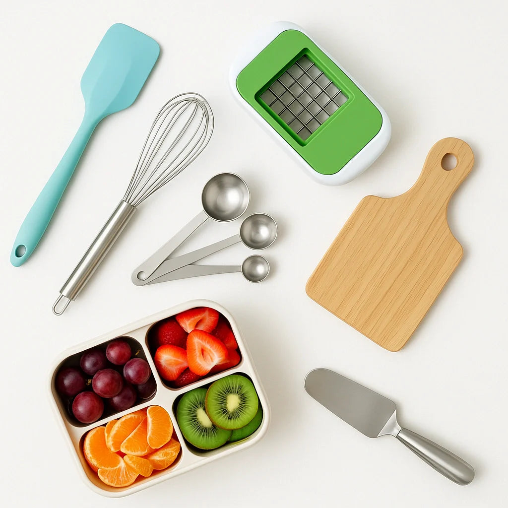Flat-lay of spatula, whisk, measuring spoons, veggie slicer, cutting board, and a bento lunch box on a white background.