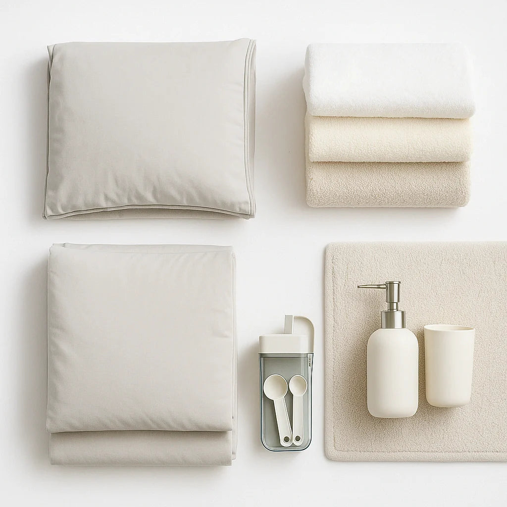 Folded bedding with towels, a bath mat corner, and a soap dispenser set on white.