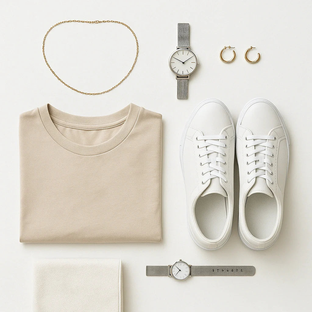 Folded tee, white sneakers, slim watch, and small hoop earrings arranged on white.