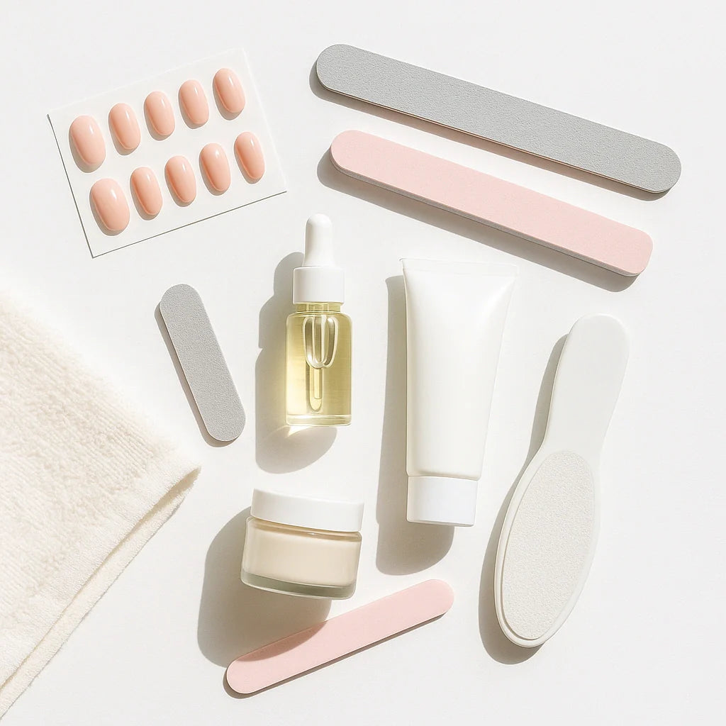 Press-on nails, nail tools, cuticle oil, hand cream, and foot file neatly arranged.