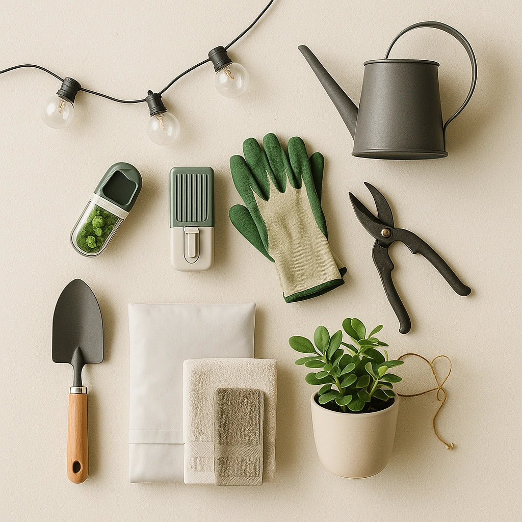 Garden hand tools, gloves, watering can, planter, and a short string-light piece arranged neatly.