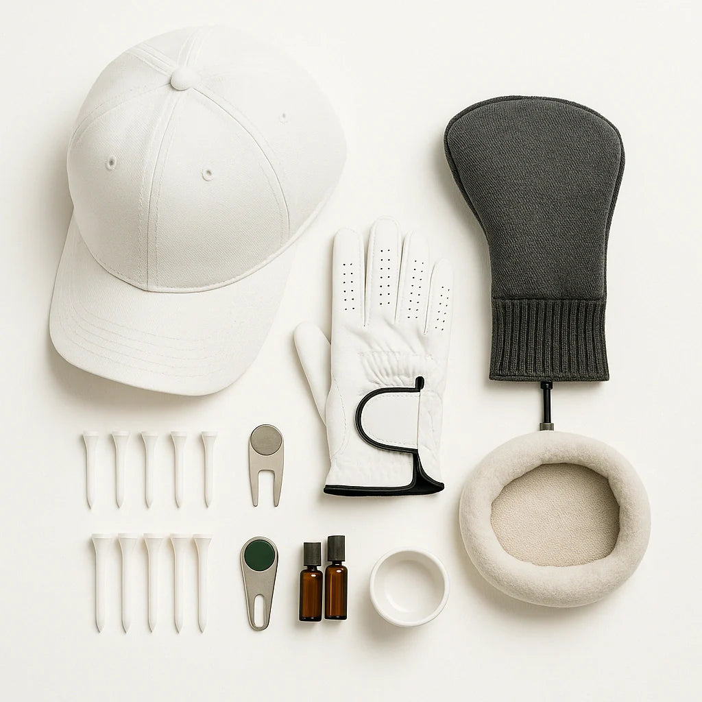 Golf cap, glove, tees, ball marker with divot tool, headcover corner, and a small putting cup on a white background.