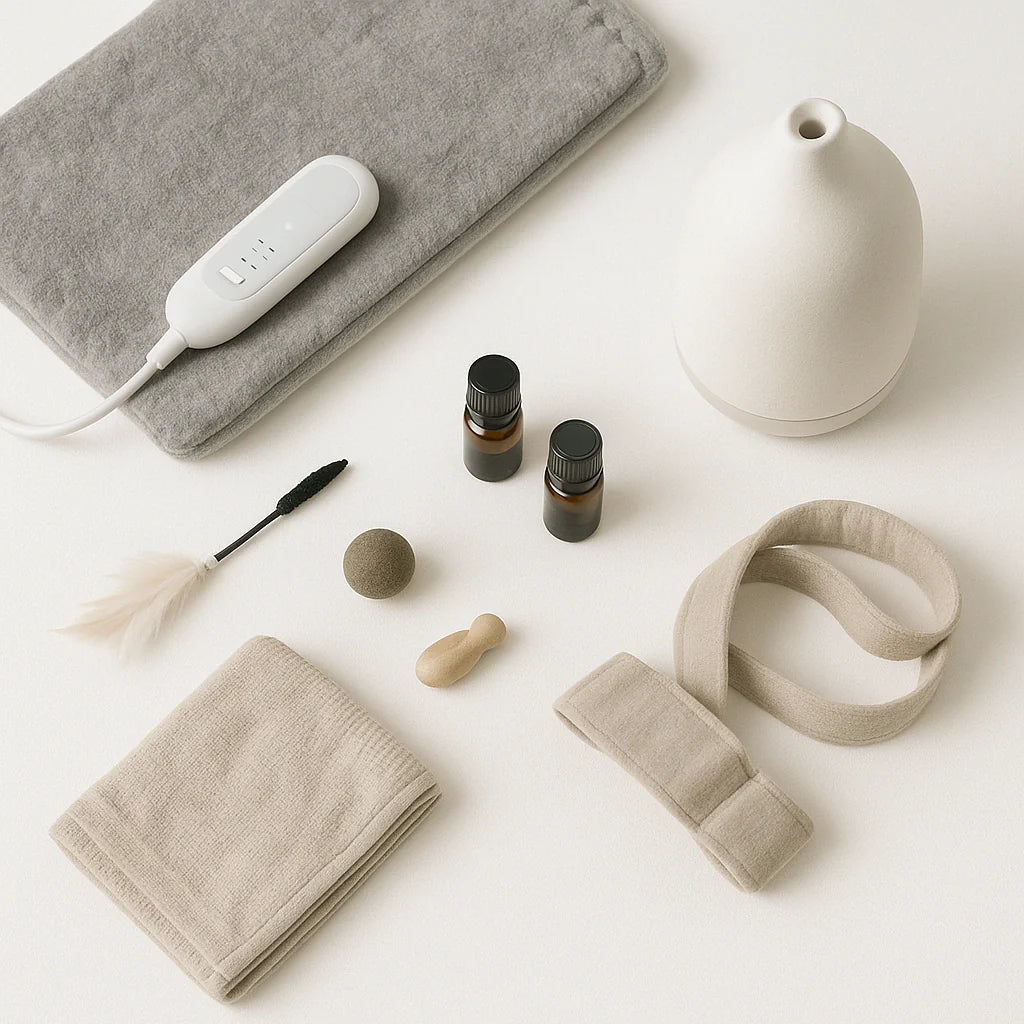 Heating-pad controller, essential-oil bottles with ceramic diffuser, massage ball, and posture strap on a white background.