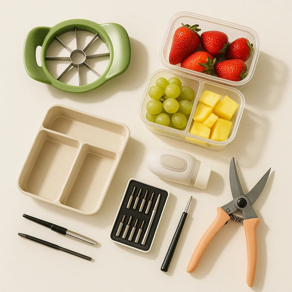 Fruit slicer, meal-prep containers, organizer tray, screwdriver set, and pruners.