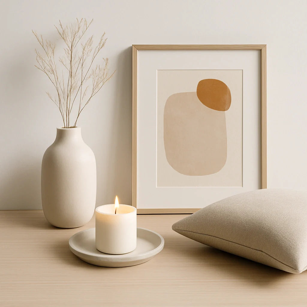 Minimal home décor scene with vase, framed art, candle on tray, and a folded throw pillow.