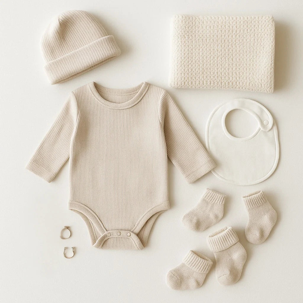 Neutral baby onesie with blanket, socks, beanie, and bib arranged on white.