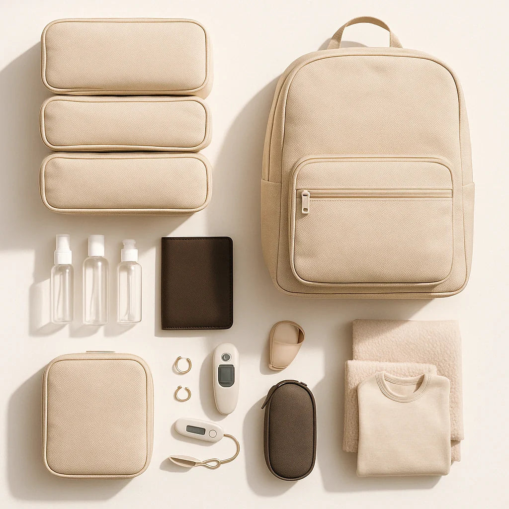 Packing cubes, a travel backpack, TSA bottles, passport holder, and luggage scale on white.