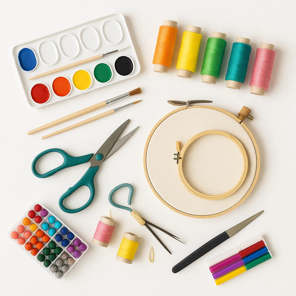 Paint set, brushes, thread spools, fabric scissors, hoop, and bead organizer arranged neatly.