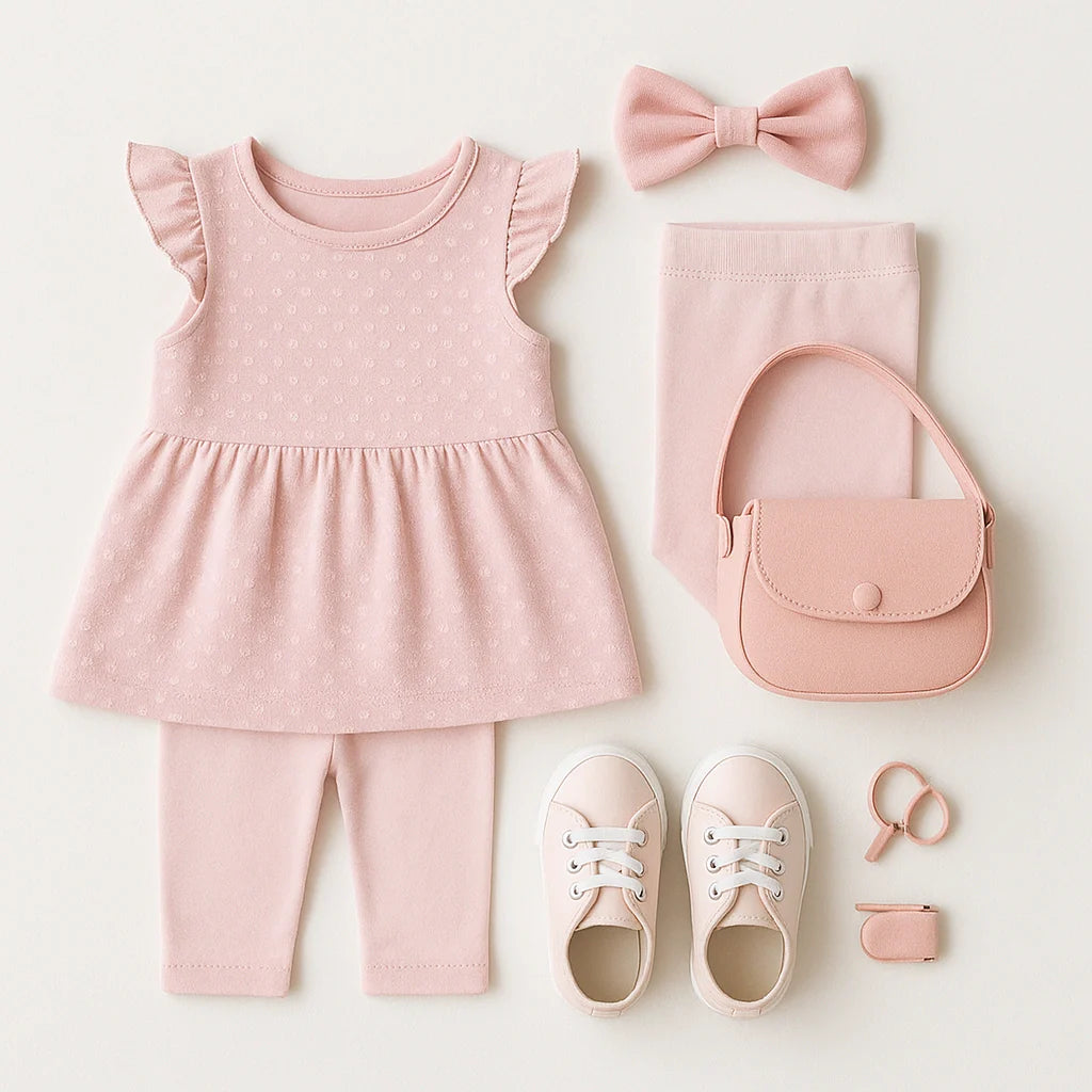 Pastel girls dress with leggings, sneakers, and a bow headband on white.
