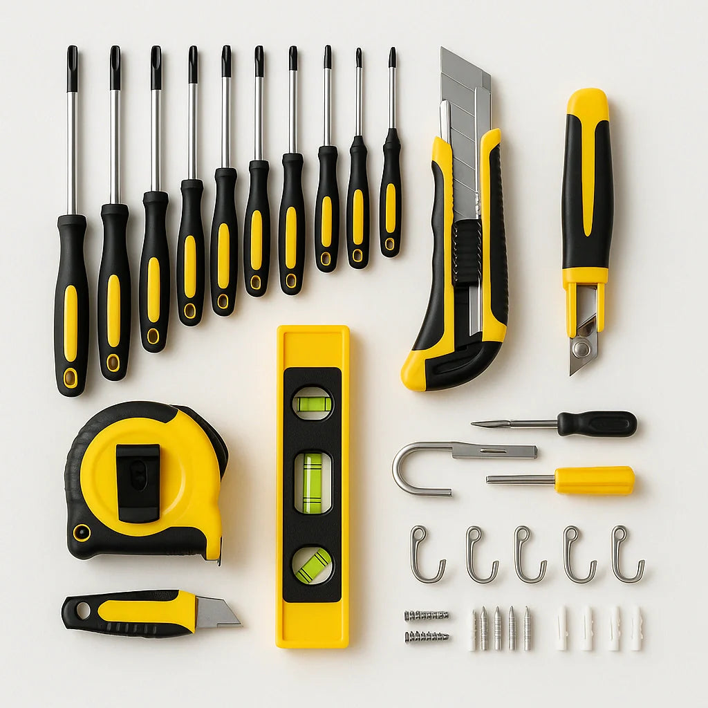 Screwdrivers, utility knife, tape measure, level, and wall hooks with anchors on white.