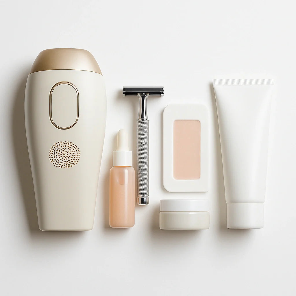 Hair removal device, razor, wax strips, and soothing gel on a white background.