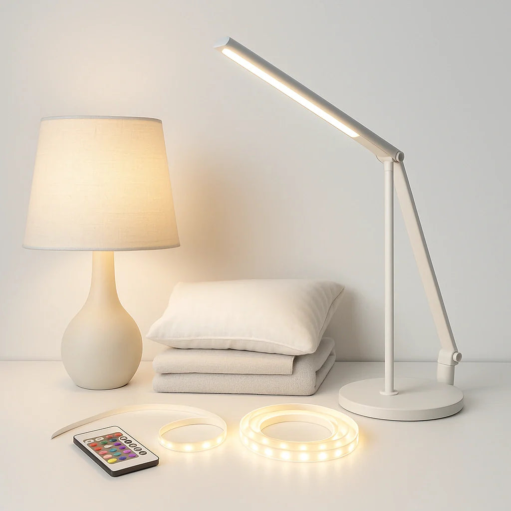 Table lamp, desk lamp, and a coiled LED strip with remote on a white background.