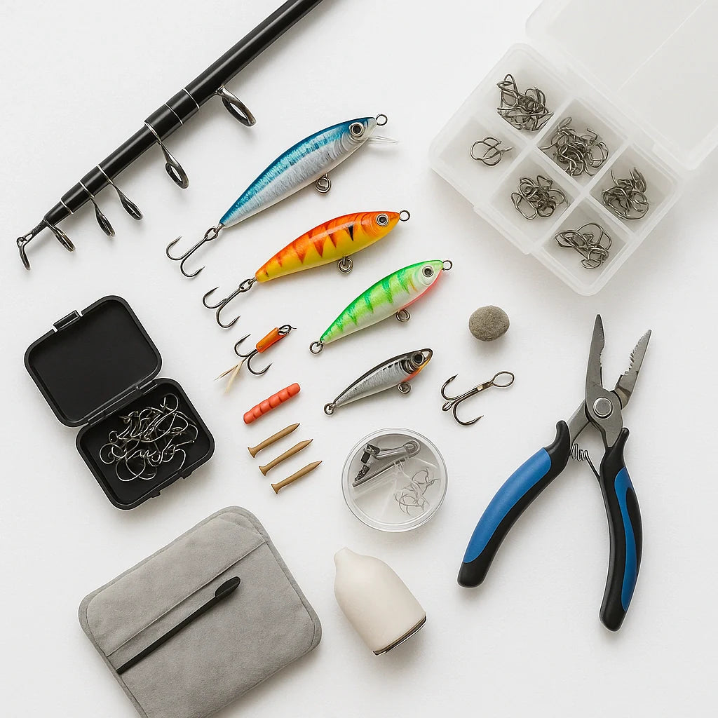 Travel rod piece with lures, hook case, line spool, and fishing pliers arranged beside a small tackle box.