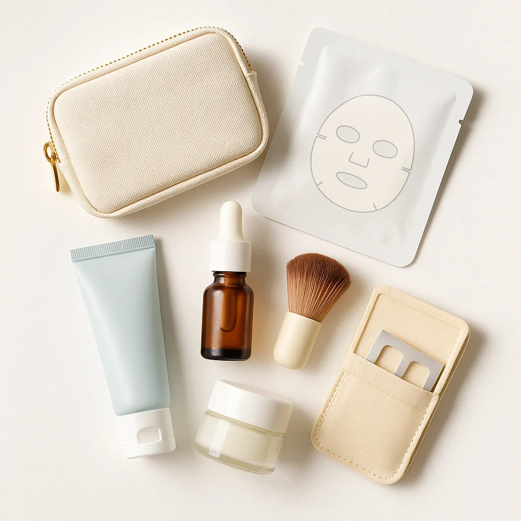 Assortment of mini beauty products and a small pouch arranged on white.
