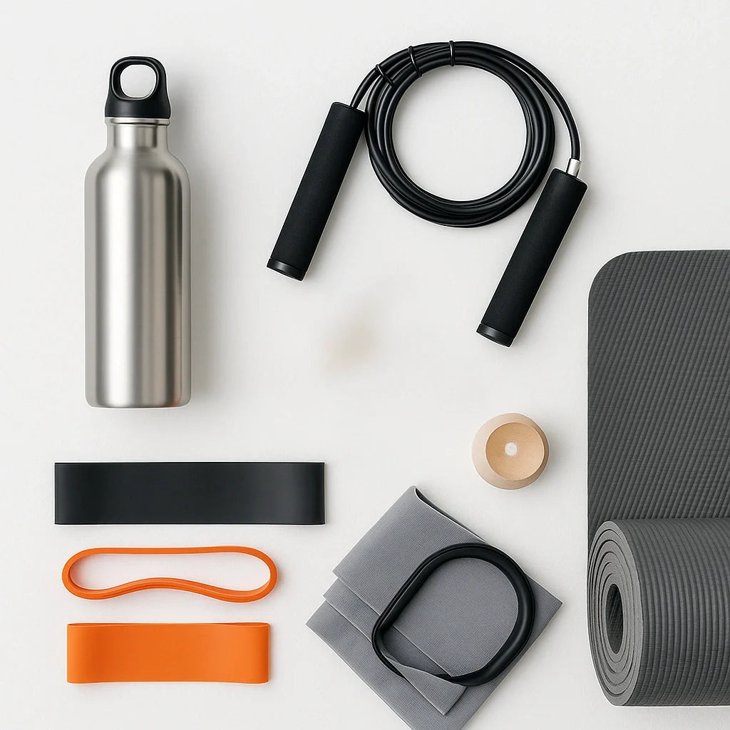 Water bottle, jump rope, loop and tube bands, and a mat corner/core sliders on a white background.