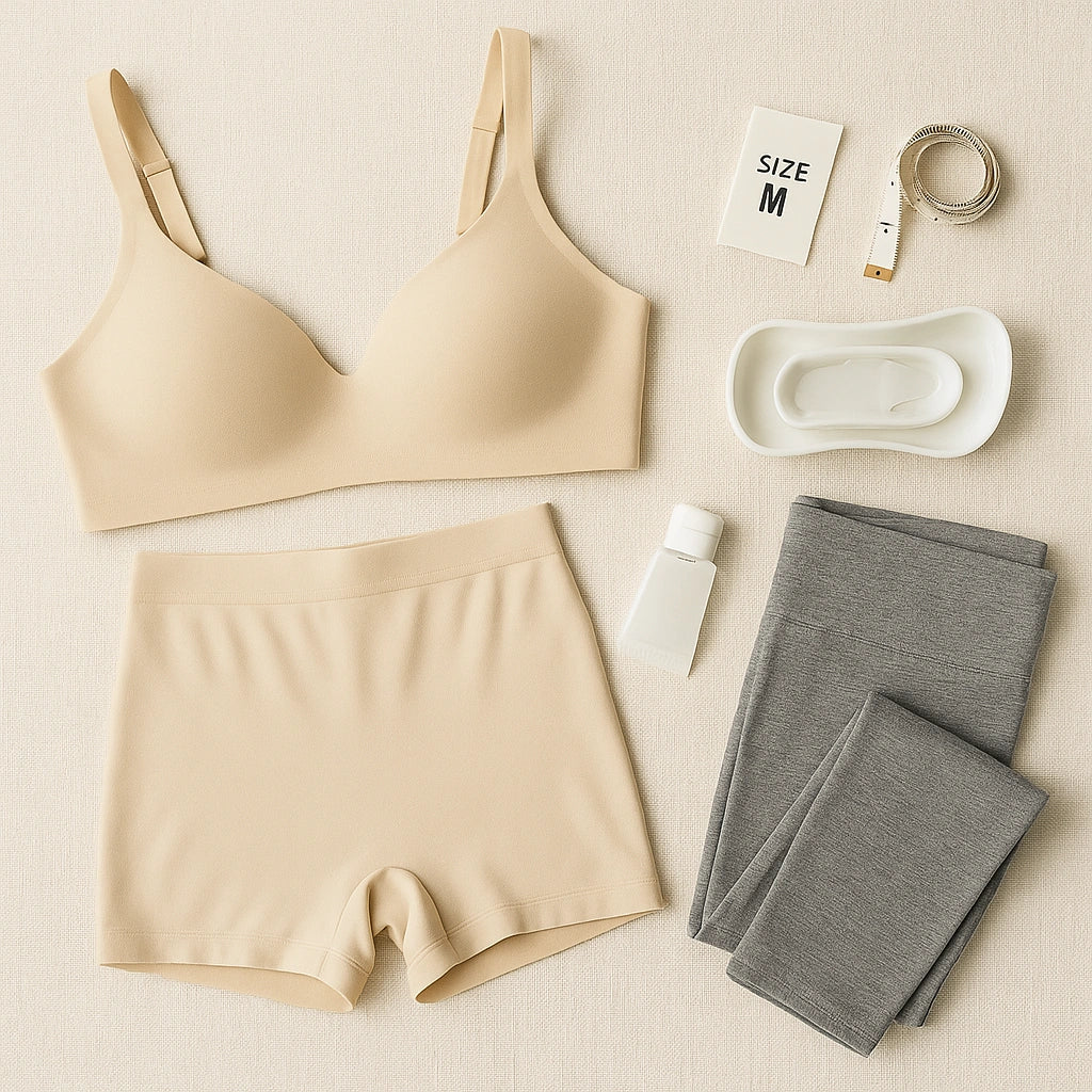 Folded seamless bra, shapewear shorts, and leggings arranged on a light surface.