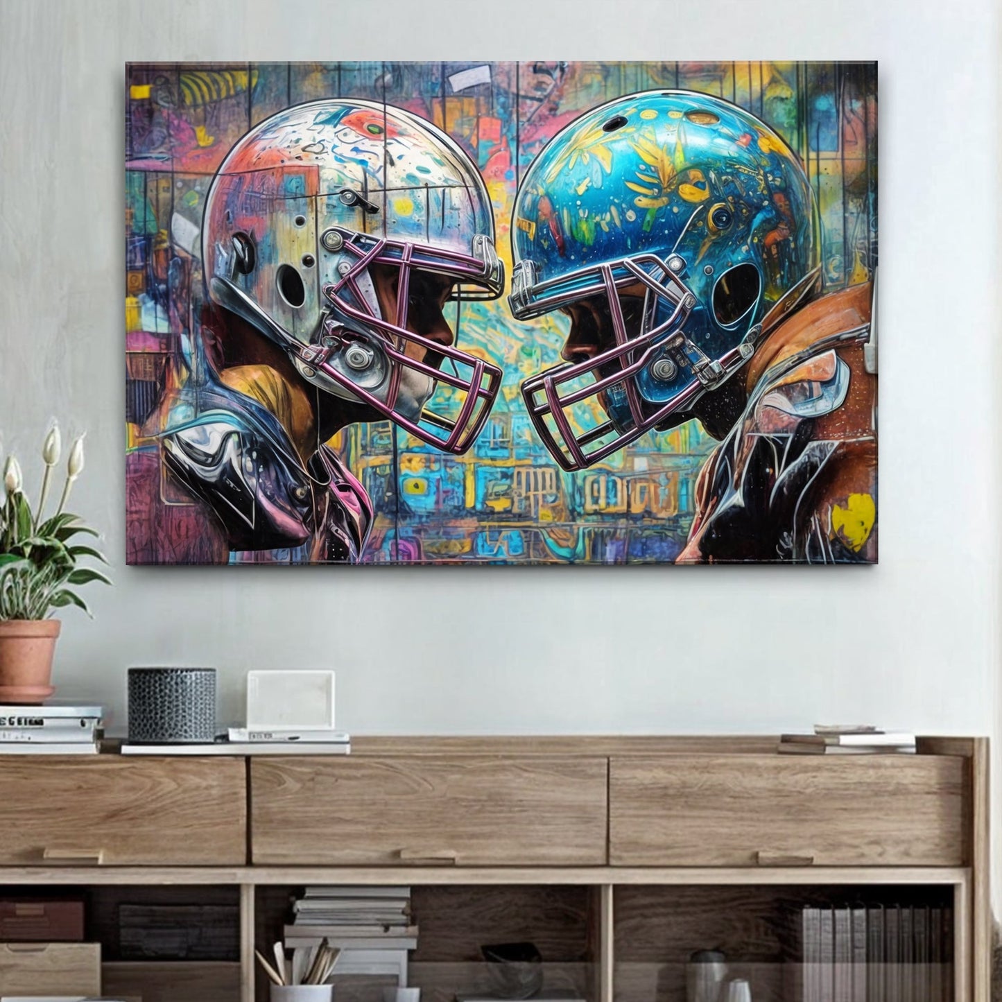 Helmet clash sports canvas wall art with two helmets facing off in vivid competition imagery on gallery-wrapped canvas