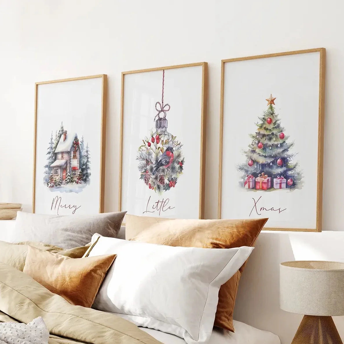 Snowy Christmas tree wall art set of 3 holiday prints