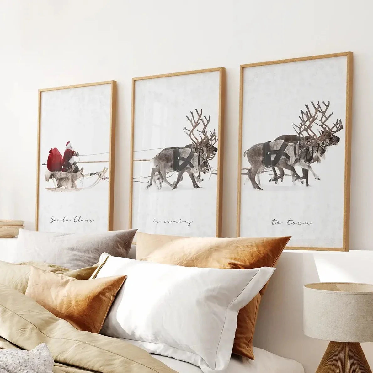 Santa Claus and sleigh Christmas wall art set of 3 prints