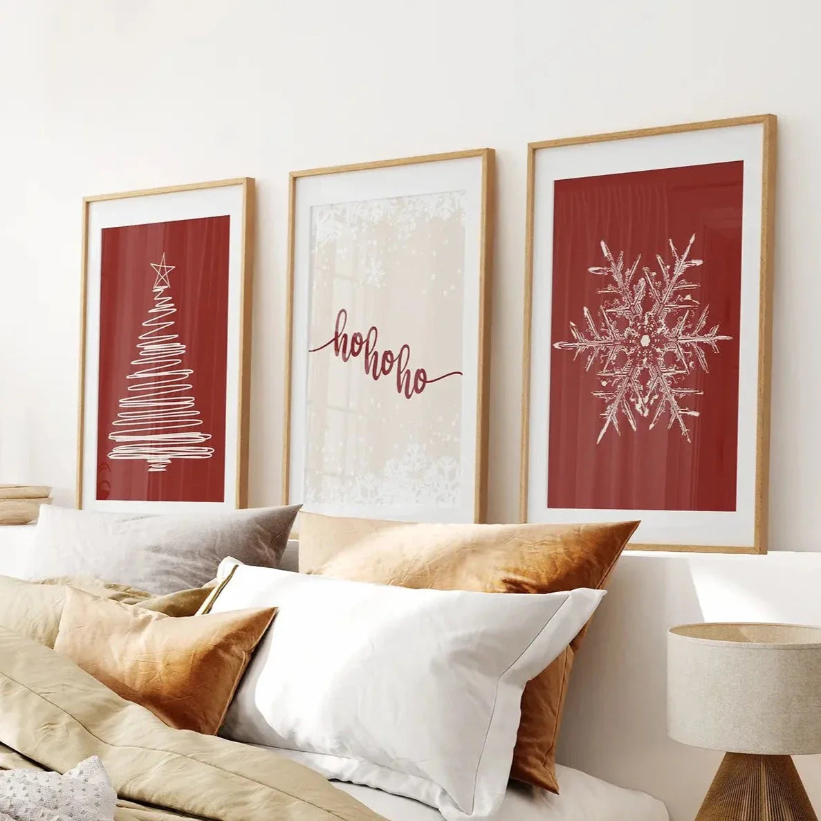 Red Christmas tree and snowflake wall art set of 3 prints