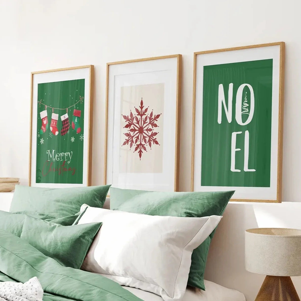 Green Christmas nursery wall art set of 3 prints