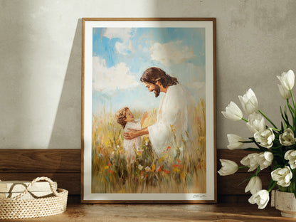 Childlike Faith Christian wall art print, a child running to the Savior in a field of flowers