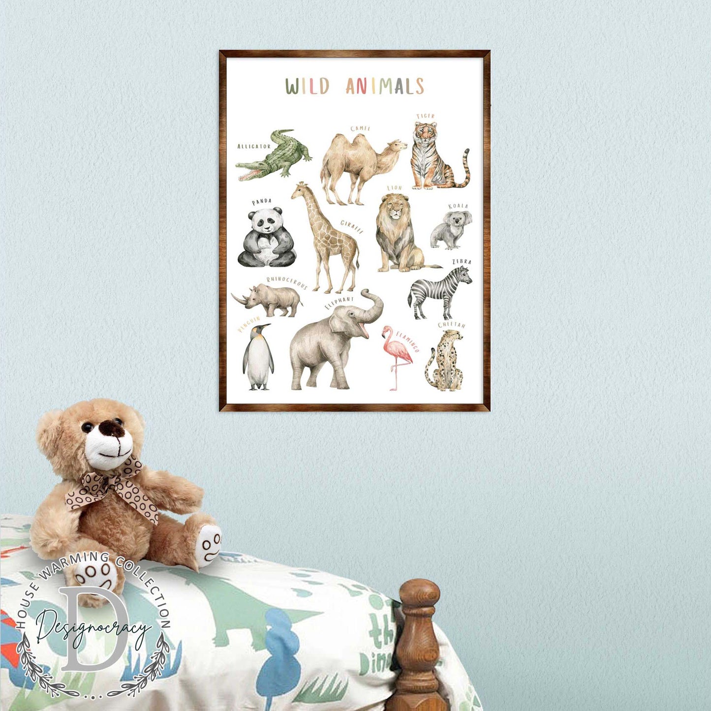 Wild Animals Wooden Kids Room Wall Art Poster