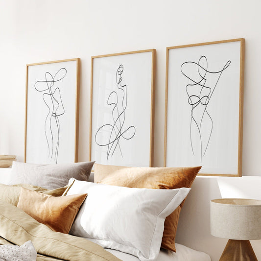 Minimalist one-line woman figure wall art set of 3