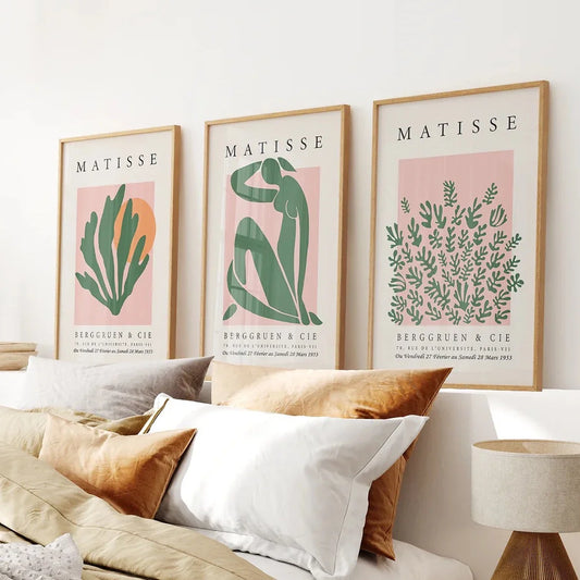Pink green abstract wall art set of 3 modern prints