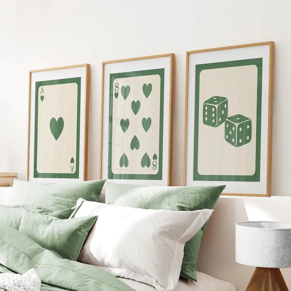 Vintage green and beige playing card wall art set of 3 prints