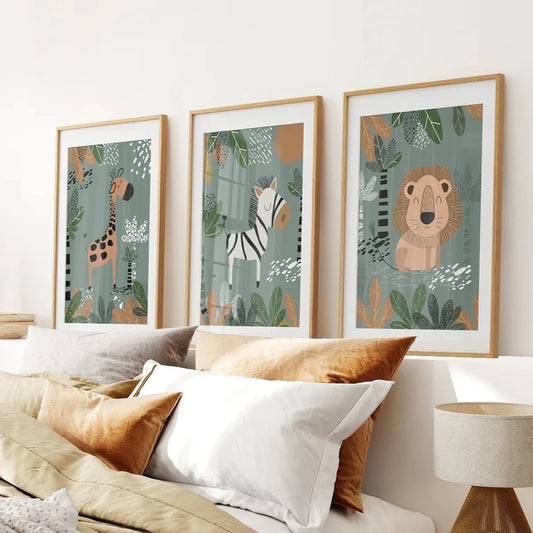 Safari nursery wall art set of 3 with baby giraffe, zebra, and lion