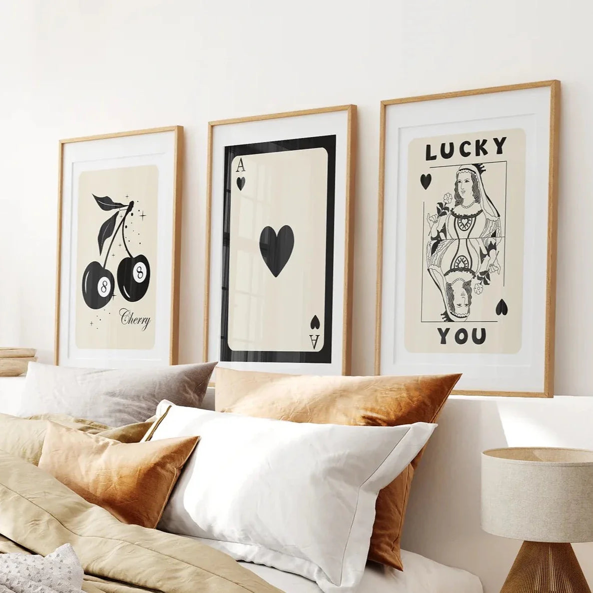 Beige Queen of Hearts retro wall art set of 3 prints