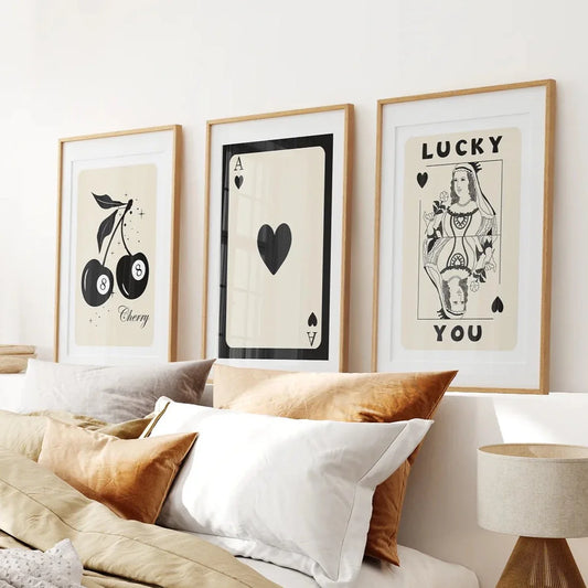 Beige Queen of Hearts retro wall art set of 3 prints