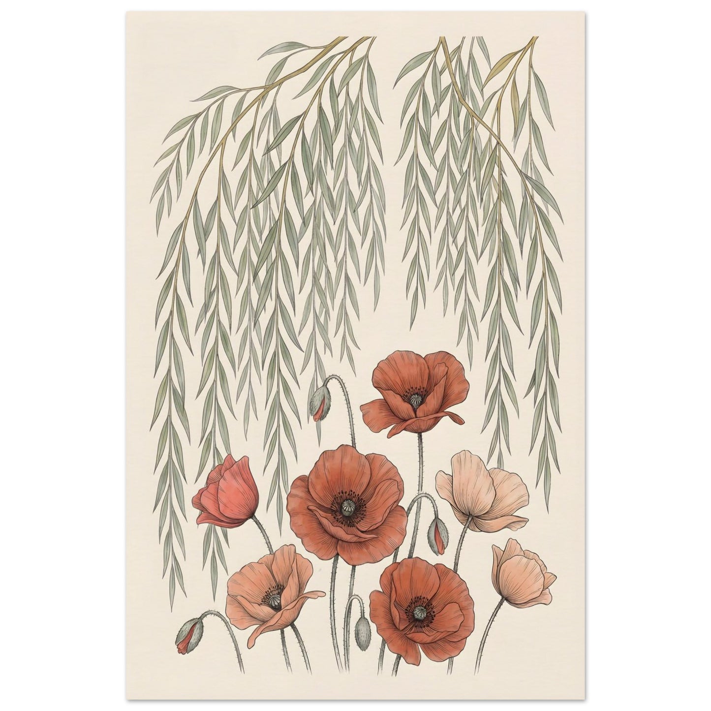 Willow Tree and Poppy Botanical 9th Anniversary Wall Art - 100x150 cm / 40x60″ / Museum-Quality Matte Paper Poster - Sparkycare