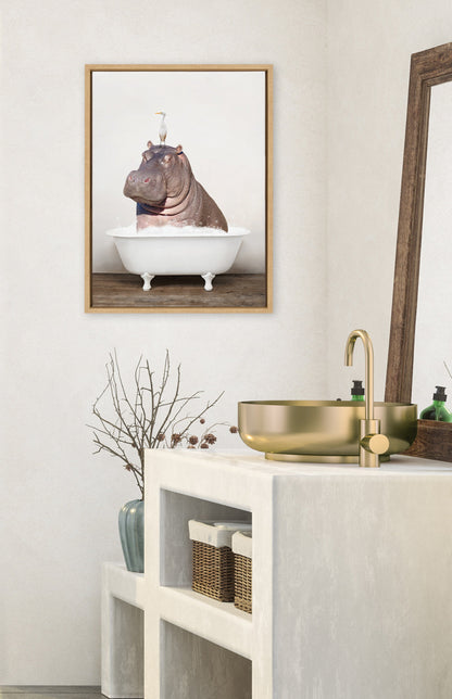 Hippo and Bird in Rustic Bath Framed Canvas Art