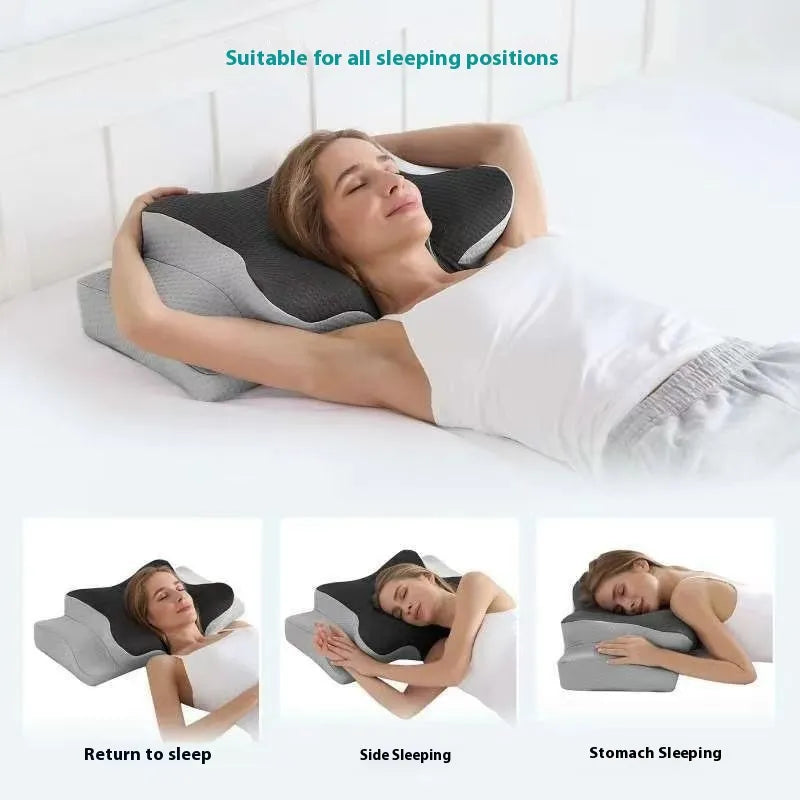 Woman using a neck pillow with text indicating suitability for all sleeping positions on a white background.
