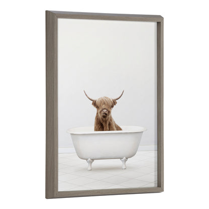 Highland Cow Solo Bathtub Framed Glass Wall Art