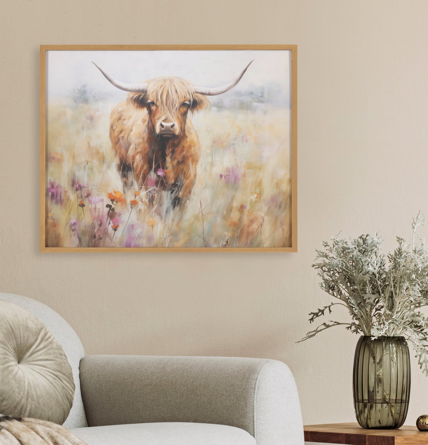 Highland Cow in a Flower Field Framed Wall Art Print